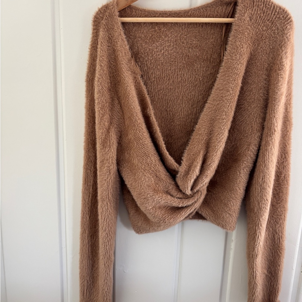 Aerie Fuzzy Twist Back Tan Sweater